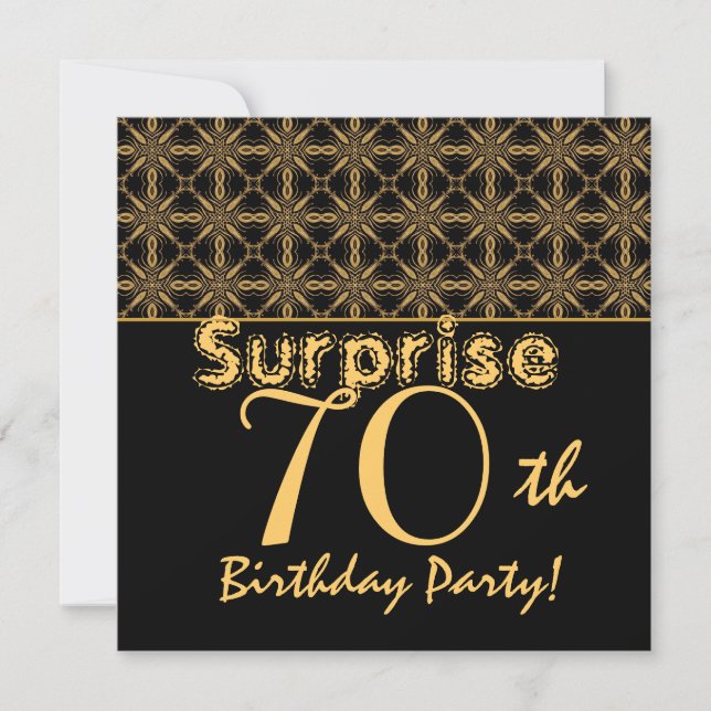 SURPRISE 70th Birthday Gold and Black Vintage Invitation (Front)