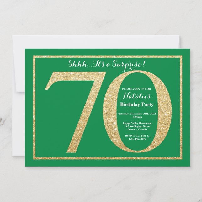 Surprise 70th Birthday Green and Gold Glitter Invitation (Front)
