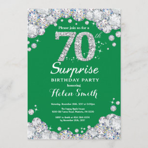 Surprise 70th Birthday Green and Silver Diamond Invitation