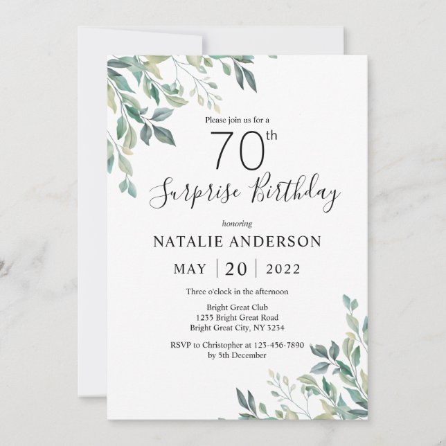 Surprise 70th Birthday Green Eucalyptus Greenery Invitation (Front)