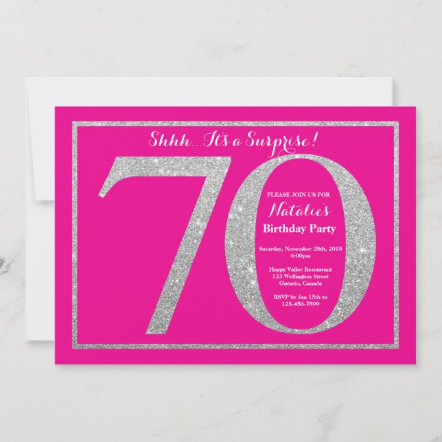 Surprise 70th Birthday Hot Pink and Silver Glitter Invitation (Front)