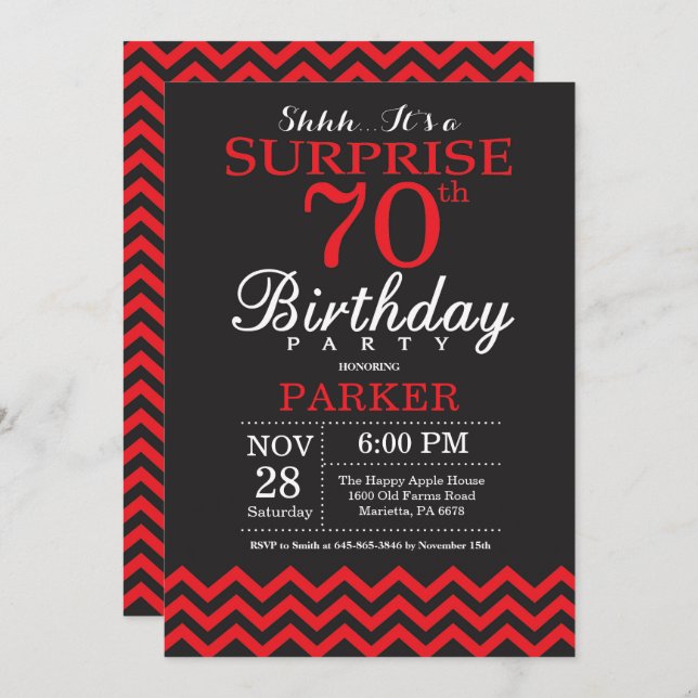 Surprise 70th Birthday Invitation Black and Red (Front/Back)