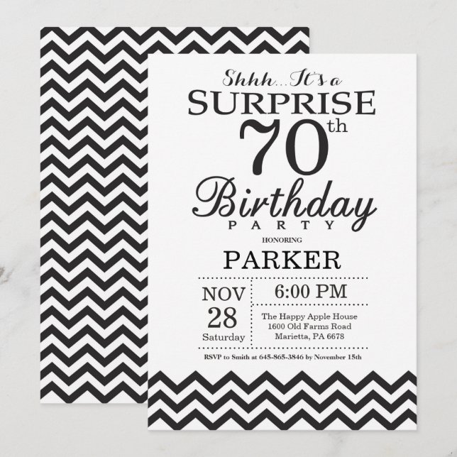 Surprise 70th Birthday Invitation Black Chevron (Front/Back)