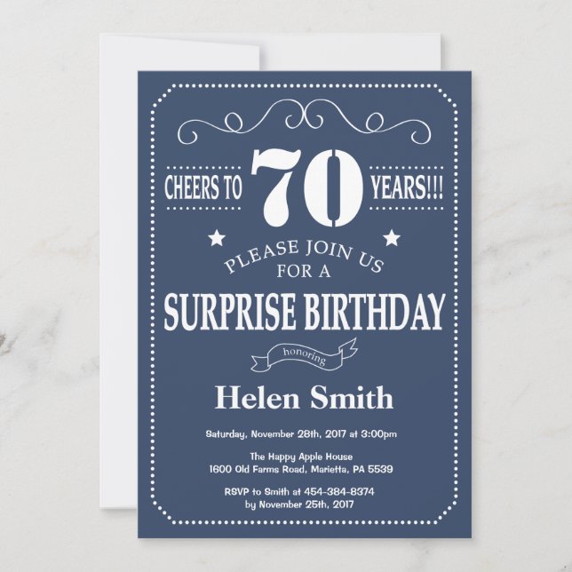 Surprise 70th Birthday Invitation Blue and White (Front)