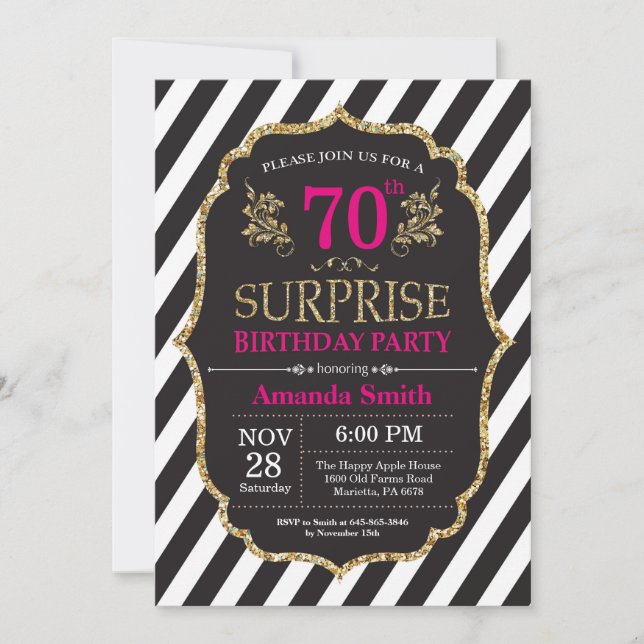 Surprise 70th Birthday Invitation Pink Black Gold (Front)