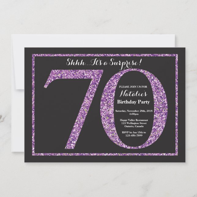 Surprise 70th Birthday Invitation Purple Glitter (Front)