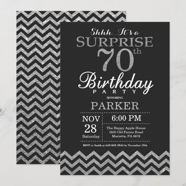 Surprise 70th Birthday Invitation Silver Glitter (Front/Back)