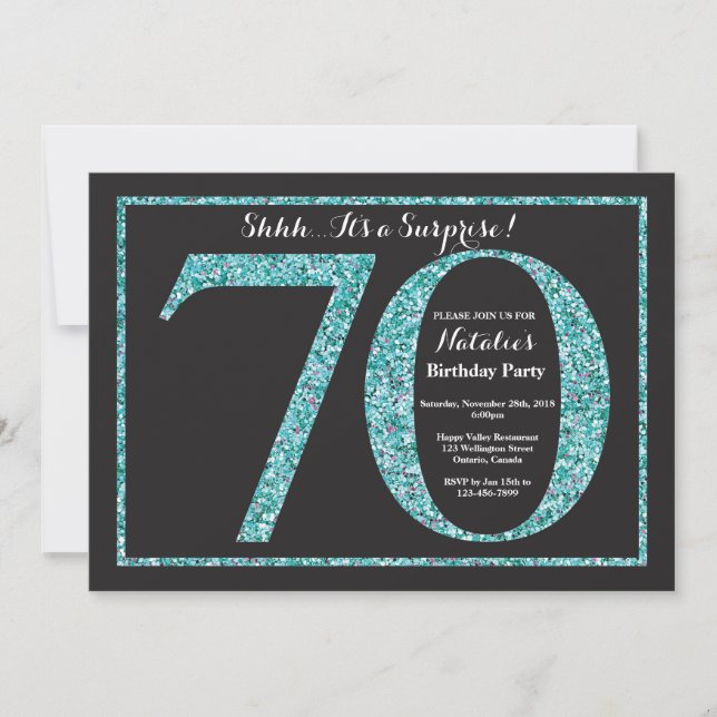 Surprise 70th Birthday Invitation Teal Glitter (Front)