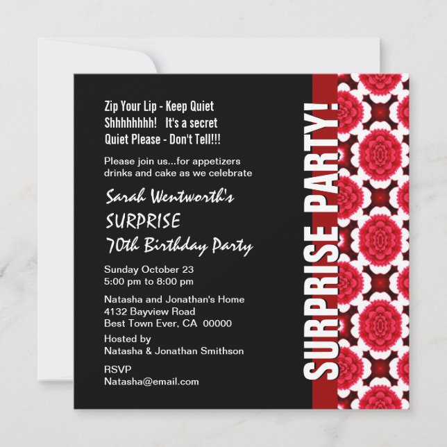 SURPRISE 70th Birthday Modern Red Black Flowers Invitation (Front)