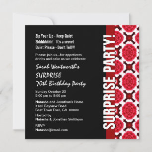 SURPRISE 70th Birthday Modern Red Black Flowers Invitation