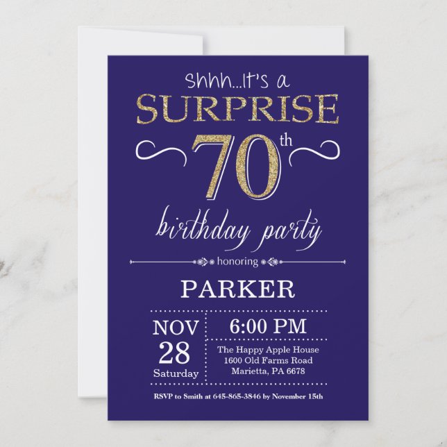 Surprise 70th Birthday Navy Blue and Gold Glitter Invitation (Front)