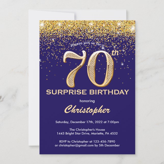 Surprise 70th Birthday Navy Blue and Gold Glitter Invitation (Front)