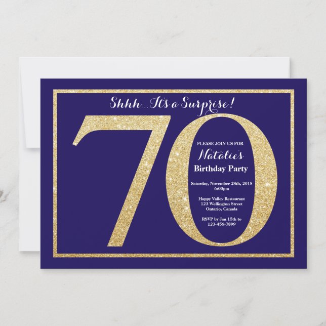 Surprise 70th Birthday Navy Blue and Gold Glitter Invitation (Front)