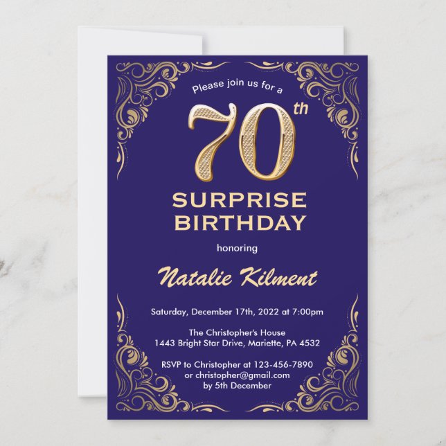 Surprise 70th Birthday Navy Blue and Gold Glitter Invitation (Front)