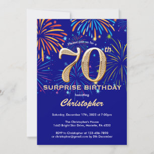 Surprise 70th Birthday Navy Blue & Gold Firework Invitation