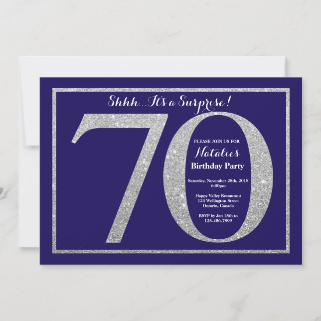 Surprise 70th Birthday Navy Blue Silver Glitter Invitation (Front)