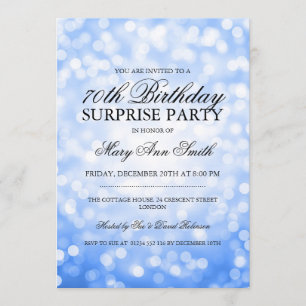 Surprise 70th Birthday Party Blue Glitter Lights Invitation