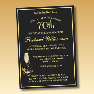 SURPRISE 70th Birthday Party Elegant Black Gold  Invitation