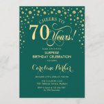 Surprise 70th Birthday Party - Emerald Green Gold Invitation<br><div class="desc">Surprise 70th Birthday Party Invitation.
Elegant design in emerald green and faux glitter gold. Features script font and diamonds confetti. Cheers to 70 Years! Message me if you need further customization.</div>