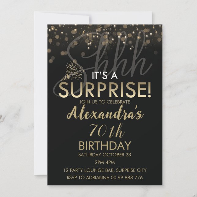 Surprise 70th Birthday Party for Women, Black Invitation (Front)