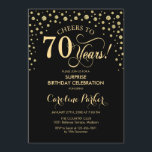 Surprise 70th Birthday Party - Gold Black Invitation<br><div class="desc">Surprise 70th Birthday Party Invitation.
Elegant design in black and faux glitter gold . Features script font and diamonds confetti. Cheers to 70 Years! Message me if you need further customization.</div>