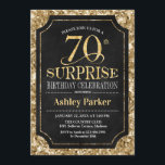 Surprise 70th Birthday Party - Gold Black Invitation<br><div class="desc">Surprise 70th Birthday Celebration Invitation.
Elegant classy design in black and faux glitter gold pattern. Features elegant script font. Message me if you need further customization.</div>