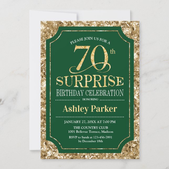 Surprise 70th Birthday Party - Gold Green Invitation (Front)