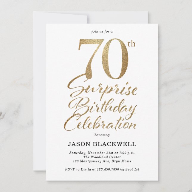Surprise 70th Birthday Party Gold Invitation (Front)