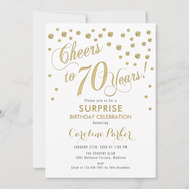Surprise 70th Birthday Party - Gold White Invitation (Front)