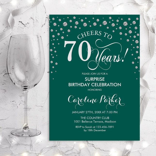 Surprise 70th Birthday Party - Green Silver Invitation (Creator Uploaded)
