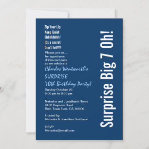 SURPRISE 70th Birthday Party Modern Blue and White Invitation