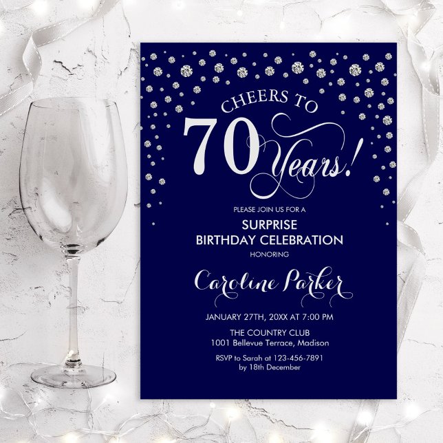Surprise 70th Birthday Party - Navy Silver Invitation (Creator Uploaded)