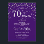 Surprise 70th Birthday Party - Purple Silver Invitation<br><div class="desc">Surprise 70th Birthday Party Invitation.
Elegant design in purple and faux glitter silver. Features script font and diamonds confetti. Cheers to 70 Years! Message me if you need further customization.</div>