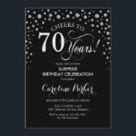 Surprise 70th Birthday Party - Silver Black Invitation<br><div class="desc">Surprise 70th Birthday Party Invitation.
Elegant design in black and faux glitter silver. Features script font and diamonds confetti. Cheers to 70 Years! Message me if you need further customization.</div>
