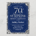 Surprise 70th Birthday Party - Silver Navy Blue Invitation<br><div class="desc">Surprise 70th Birthday Celebration Invitation.
Elegant classy design in navy blue and faux glitter silver pattern. Features elegant script font. Message me if you need further customization.</div>