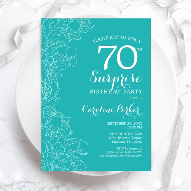 Surprise 70th Birthday Party - Turquoise Floral Invitation (Creator Uploaded)