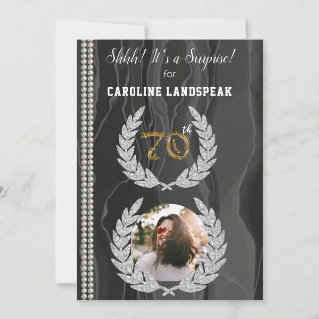 Surprise 70th Birthday Photo, Gold, Pearls & Silk Invitation (Front)