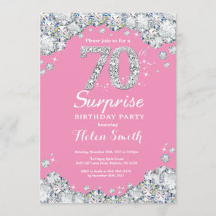 Surprise 70th Birthday Pink and Silver Diamond Invitation