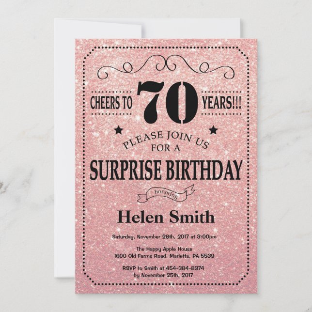 Surprise 70th Birthday Pink Rose Gold Glitter Invitation (Front)