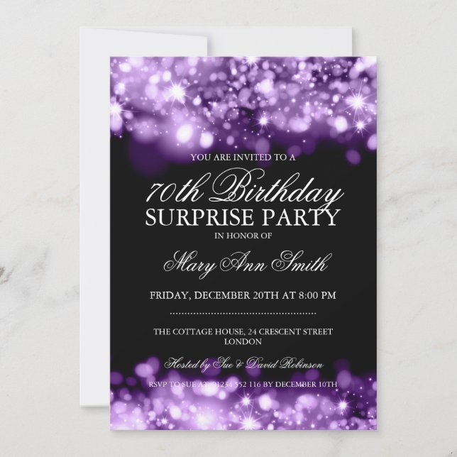 Surprise 70th Birthday Purple Sparkling Lights Invitation (Front)