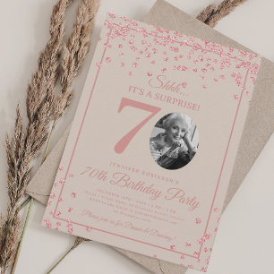 SURPRISE 70th Birthday Rose Gold Confetti Beige Invitation