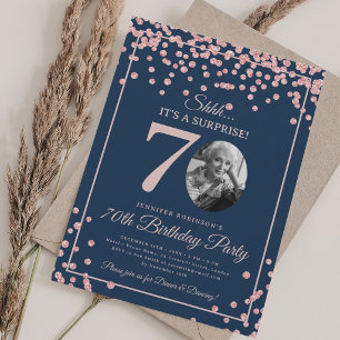 SURPRISE 70th Birthday Rose Gold Confetti Navy Blu Invitation