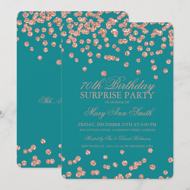 Surprise 70th Birthday Rose Gold Glitter Teal Invitation (Front/Back)