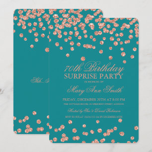 Surprise 70th Birthday Rose Gold Glitter Teal Invitation