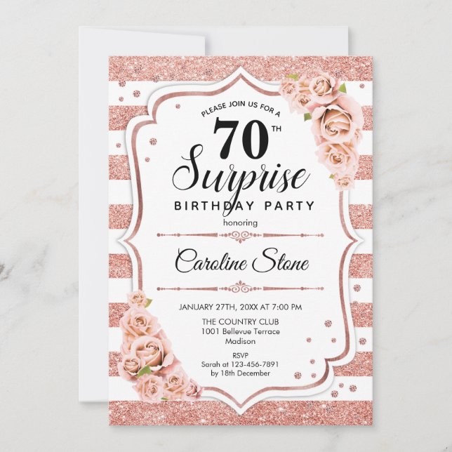 Surprise 70th Birthday - Rose Gold White Pink Invitation (Front)
