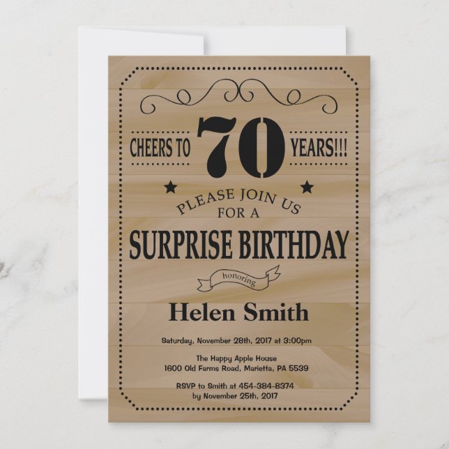 Surprise 70th Birthday Rustic Wood Invitation (Front)
