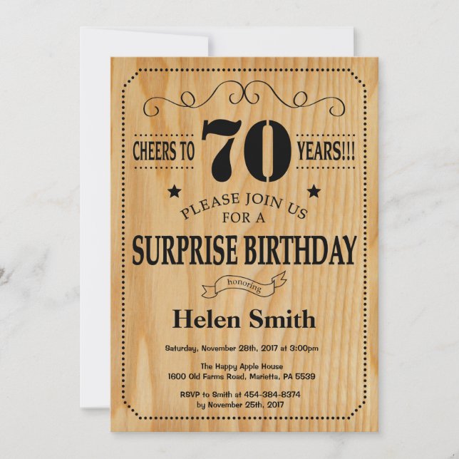 Surprise 70th Birthday Rustic Wood Invitation (Front)