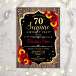 Surprise 70th Birthday - Rustic Wood Sunflowers Invitation<br><div class="desc">Surprise 70th Birthday Invitation.
Feminine rustic black,  white,  red design with faux glitter gold. Features wood pattern,  red roses,  sunflowers,  script font and confetti. Perfect for an elegant birthday party. Can be personalized to show any age. Message me if you need further customization.</div>
