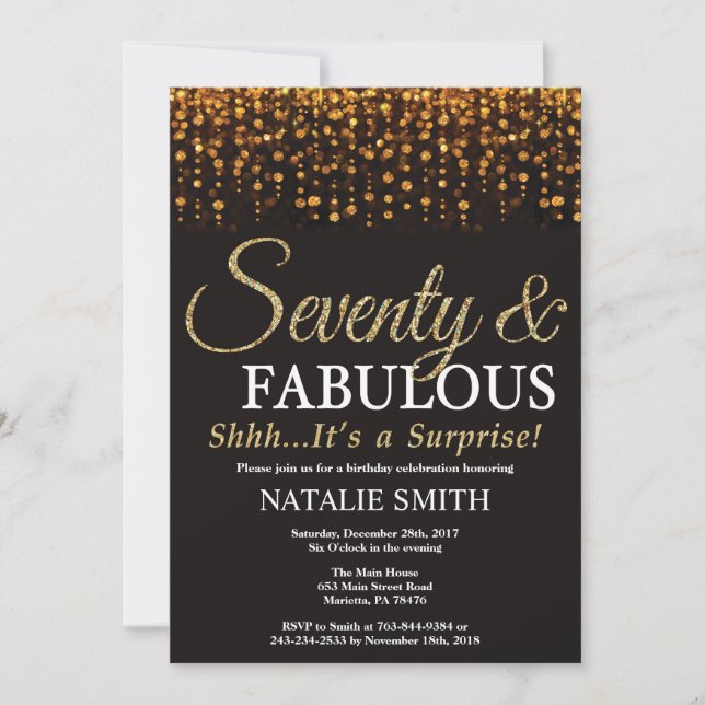 Surprise 70th Birthday Seventy and Fabulous Gold Invitation (Front)