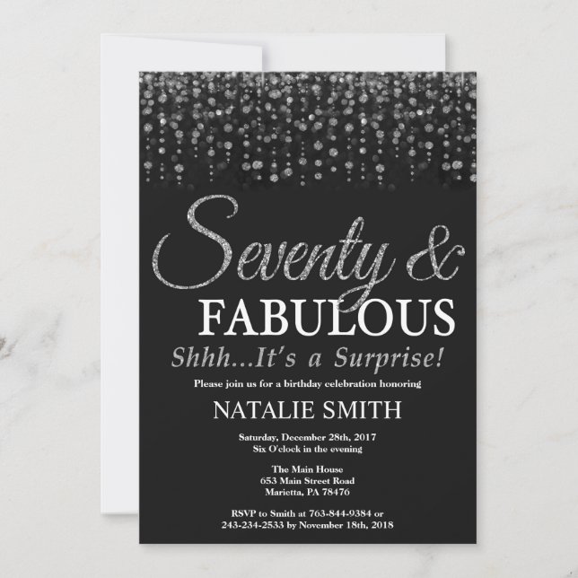 Surprise 70th Birthday Seventy and Fabulous Silver Invitation (Front)